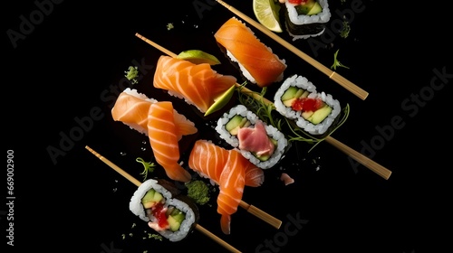 Sushi pieces placed between chopsticks, separated on black background. Popular sushi food.