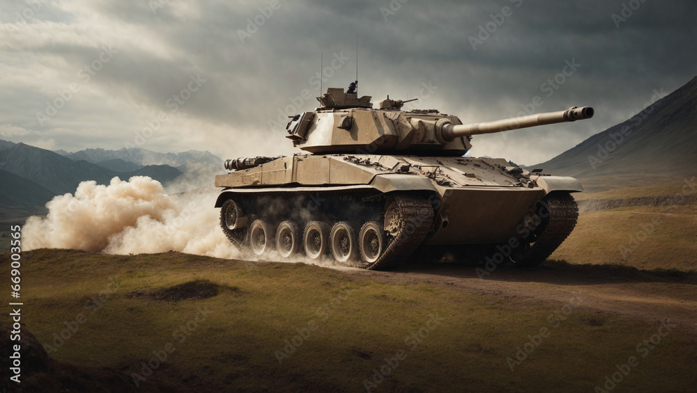Amidst a mountainous terrain, an armored tank becomes a symbol of strength during an intense war invasion, ideal for a wide poster showcasing the rugged beauty. Amidst a mountainous terrain, an armored tank becomes a symbol of strength during an intense war invasion, ideal for a wide poster showcasing the rugged beauty.