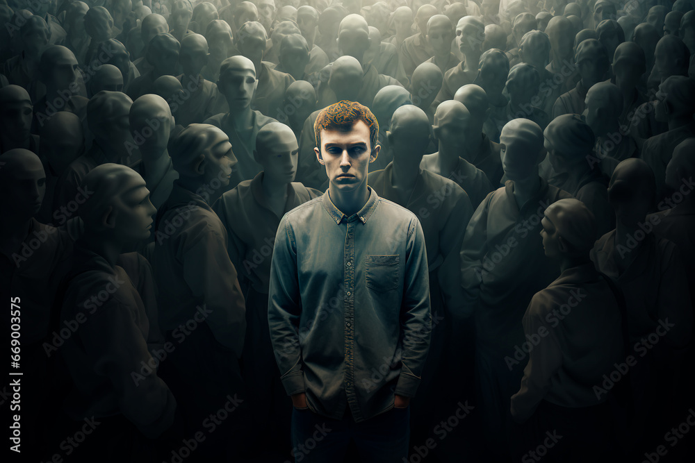 Social depression, sociophobia as a mental disorder in a person's mind. Artistic representation above and around the person's head. Conceptual image