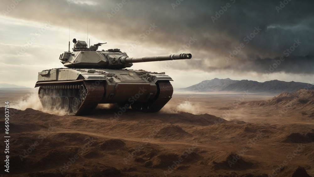 Amidst an otherworldly alien landscape, an imposing tank navigates the war-torn terrain during an epic invasion, resulting in a visually captivating wide poster. - obrazy, fototapety, plakaty 