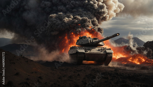 Amidst the chaos of a volcanic eruption, an imposing armored tank advances during an epic war invasion, generating a visually striking wide poster.