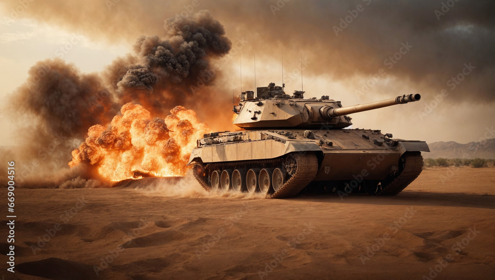 As the desert flames rage on, an armored tank becomes a symbol of strength during an epic war invasion, resulting in a captivating wide poster scene.