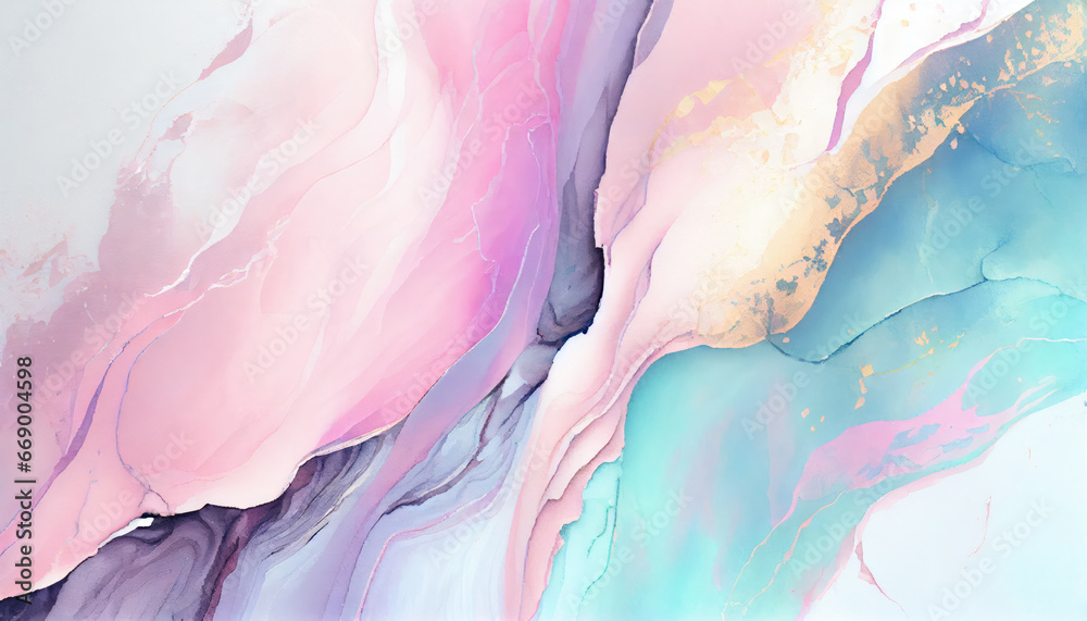 Abstract Watercolor Background in pastel colors. Pink, Violet, Blue splash Color Waves with Gold Veins. Abstract luxury watercolour backdrop