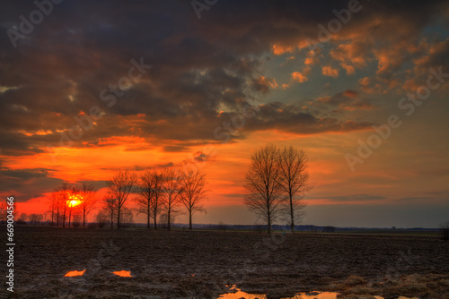 Landscape sundown in river valley  Poland Europe  amazing red sky and trees autumn time Poland Europe