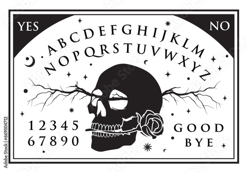 Ghosts and demons calling the game. Graphic template inspired by Ouija Board. Skeleton skull with a rose surrounded by moon, stars, and alphabet. Gothic typography.