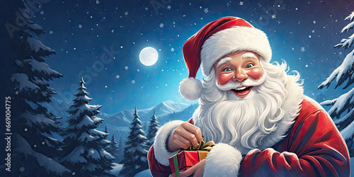 Illustration painting of santa claus on winter Christmas eve