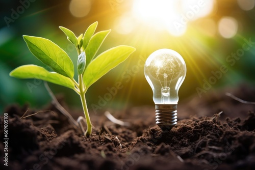 Light bulb on the soil and growing plant