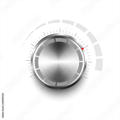 Realistic round metal volume button with shadow. Music knob with steel chrome brushed texture and sound level. Sound panel tuner interface. Template design for ui, app, web. Vector
