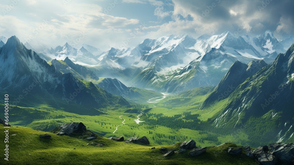 A panoramic view of a mountain range with valleys turning green, as snow gives way to spring. - obrazy, fototapety, plakaty 