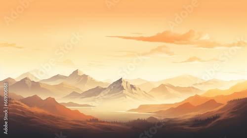 A panoramic view of a mountain range at sunrise, the peaks bathed in a soft golden hue.