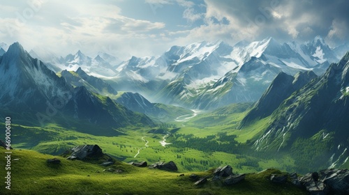 A panoramic view of a mountain range with valleys turning green, as snow gives way to spring.