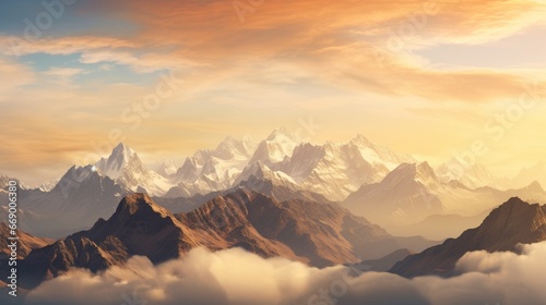 A panoramic view of a mountain range at sunrise, the peaks bathed in a soft golden hue.