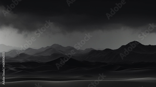 Minimal dark wallpaper. Black mountain with grey clouds, sand dunes, sombre, moody. generative ai