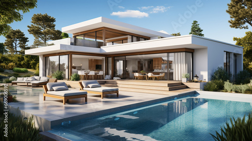 Minimalist modern white house exterior swimming pool terrace gray fabric furniture. generative ai © Witri
