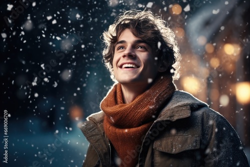 Beaming young man surrounded by a winter wonderland