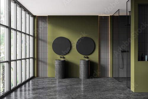Green and gray bathroom interior with double sink and shower