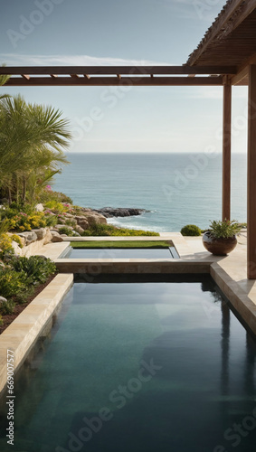 A coastal retreat showcases a water feature overlooking the ocean  forming a picturesque wide banner for coastal garden landscape designs.