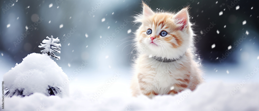 A portrait of cute cat playing in the snow, Photography, blur background, Generative ai