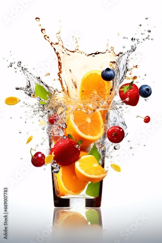 Colorful juice splashing out of glass  isolated.  Fruit splashing into a glass of water.