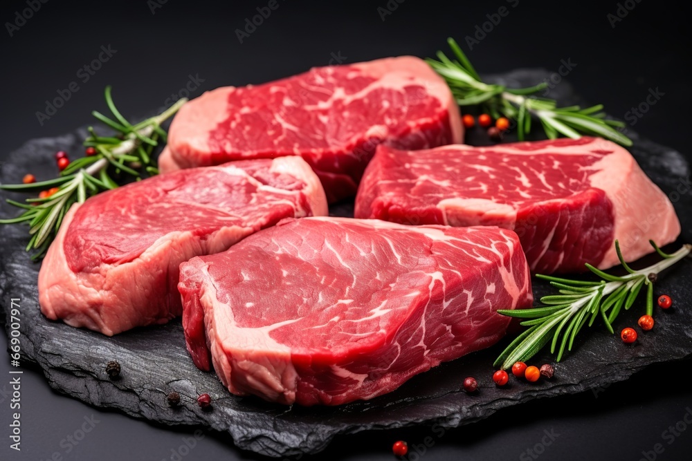 isolated variety of fresh black angus prime raw beef 