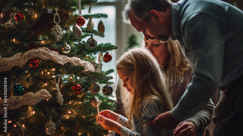 A family decorating a Christmas tree together, Christmas photography, Generative ai