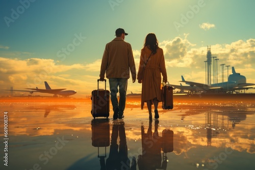 Double exposure of couple with suitcase and aircraft