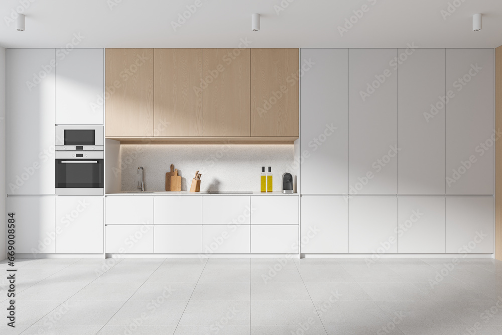 Fototapeta premium White and wooden kitchen interior with cabinets
