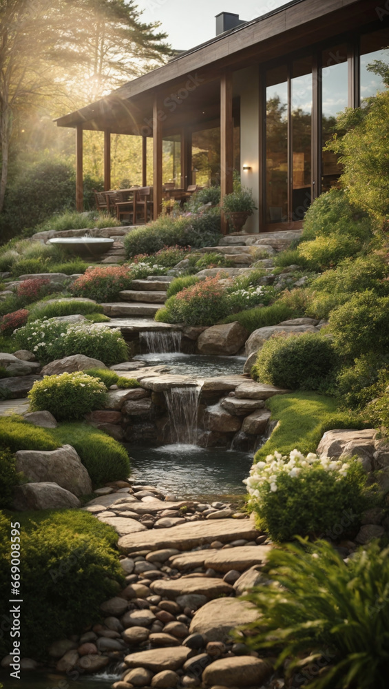 A hillside retreat highlights a cascading water feature in harmony with nature, offering an idyllic space for garden landscape design concepts.
