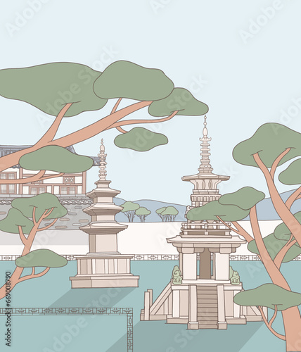 Hand drawn Illustration Of Korean Traditional landscape