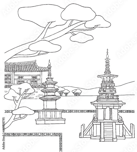 Hand drawn Illustration Of Korean Traditional landscape