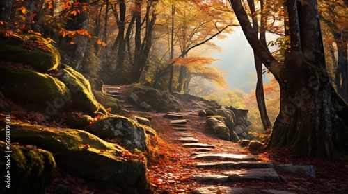 A rugged mountain path blanketed in autumn leaves, leading the viewer towards hidden wonders. © Ahmad