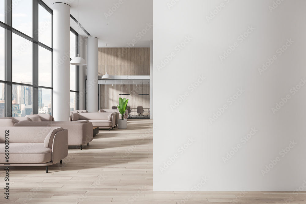 Naklejka premium Beige office room interior with relax and meeting room and window. Mock up wall