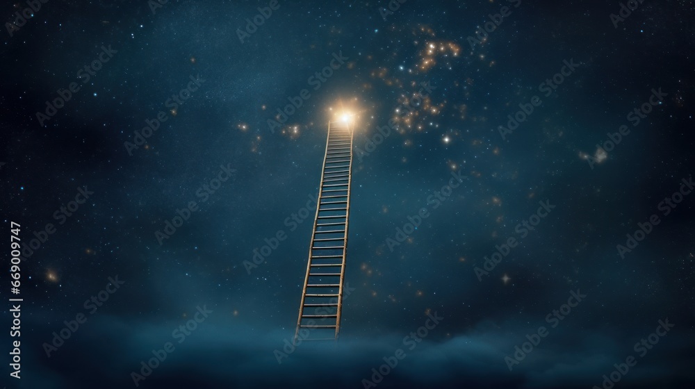 Ladder leading to a bright and shining star, representing reaching career goals. AI generated - obrazy, fototapety, plakaty 