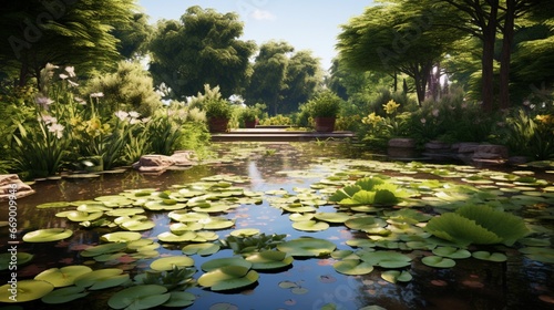 A serene garden pond  its surface dotted with lily pads and reflecting the surrounding greenery.