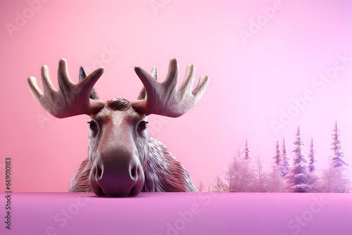 Creative animal concept. Moose peeking over pastel bright background. advertisement, banner, card. copy text space. birthday party invite invitation photo