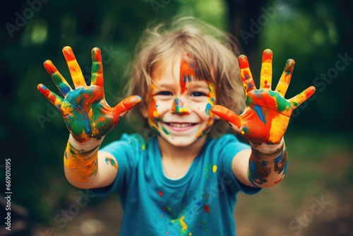 Child with painted hands leaving colorful imprints.