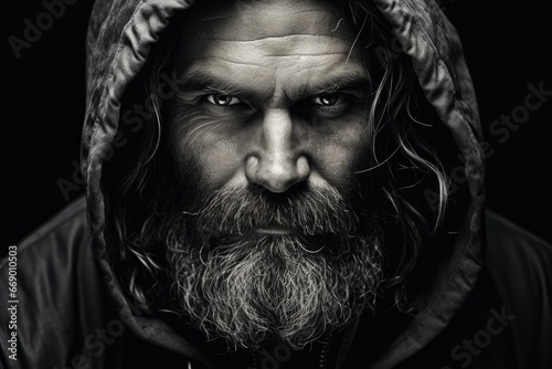 Dramatic monochrome portrait of bearded man with intense eyes photo
