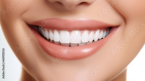 Perfect white teeth smile of a young woman, close up