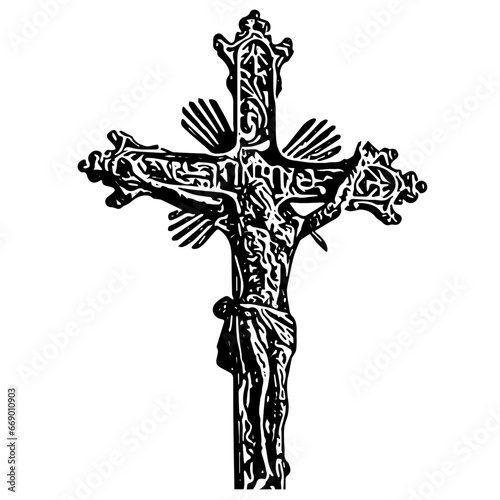 Jesus Christ. Metal cross, crucifix. Vector graphics, eps
