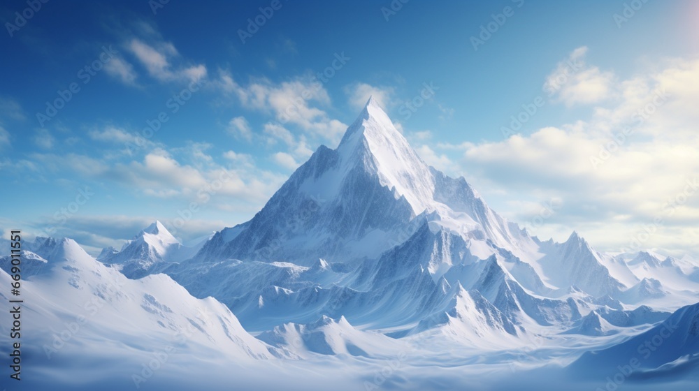 A snow-laden mountain peak against a backdrop of clear blue skies, epitomizing solitude and serenity.