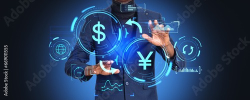 African man hands and yen and dollar conversion, financial graph hologram