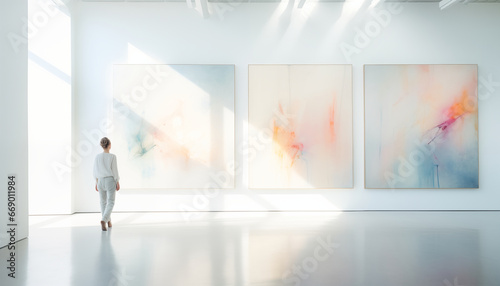 Raum groß hell und weiß in einer Gallerie oder Ausstellung mit abstrakten Gemälden und einem Menschen der die Bilder betrachtet photo