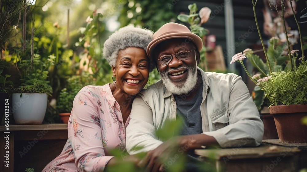 happy african american elderly couple embracing on garden among beautiful plants. wife and husband gardeners sitting outside their house and looking at camera