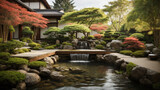 A tranquil Japanese garden boasts a modern water feature, complete with a bamboo waterfall, offering an exquisite wide banner for landscaping concepts.