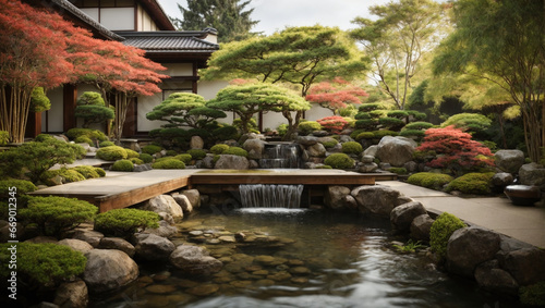 A tranquil Japanese garden boasts a modern water feature  complete with a bamboo waterfall  offering an exquisite wide banner for landscaping concepts.