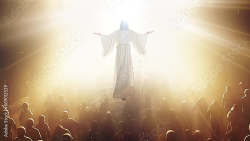 Animation of Jesus rising up to heaven in bright shining light, white robe, gold particles, followers bathed in healing heavenly peace