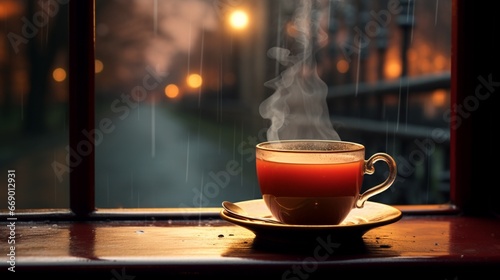 A steaming cup of tea placed beside a window on a rainy day, the outside world reflected in its surface.