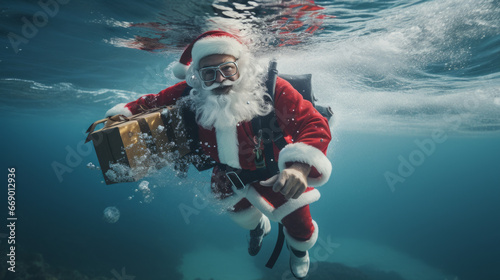 Santa claus in an aqua suit diving in the ocean and carrying a bag of presents. Christmas or New Year gift concept © PasAI Photography