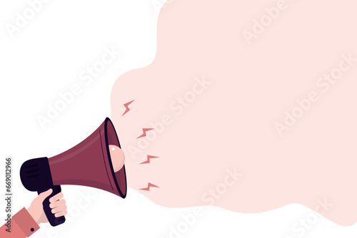 Hand with loudspeaker. Human arm holding megaphone. Background template with copy space. Retro device for increasing voice volume. Loud audio message,