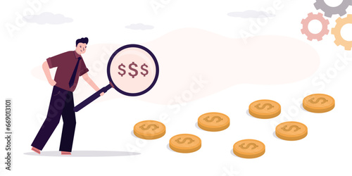 Smart businessman uses magnifying glass looking and follow money coins trail, searching for investment opportunity, financial success, salary raise.